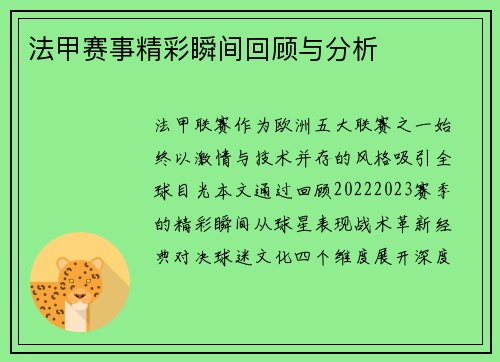 法甲赛事精彩瞬间回顾与分析