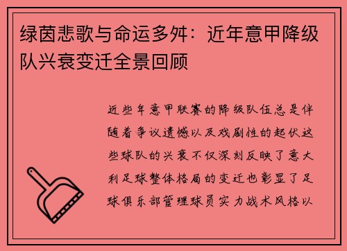 绿茵悲歌与命运多舛：近年意甲降级队兴衰变迁全景回顾